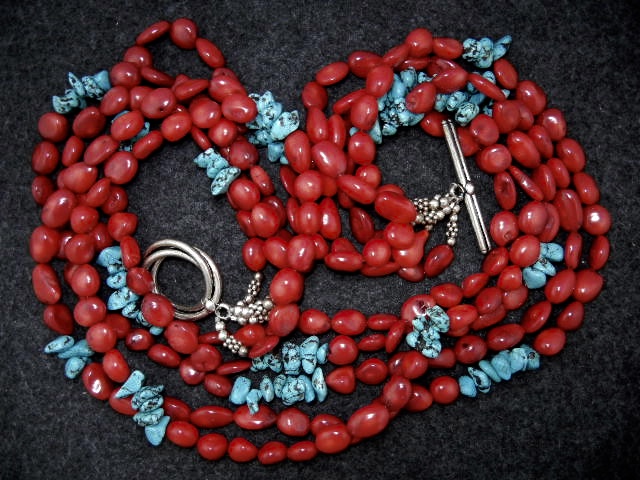 RED CORAL  Turquoise  5 strand Necklace