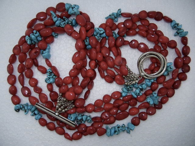 RED CORAL  Turquoise  5 strand Necklace