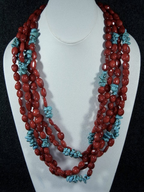RED CORAL  Turquoise  5 strand Necklace