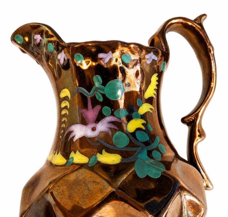 32 copper lusterware pitcher detail