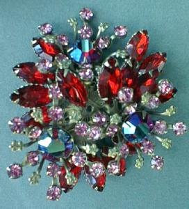 Exquisite Red Floral Spray Rhinestone Brooch Vintage