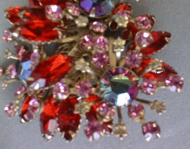 Exquisite Red Floral Spray Rhinestone Brooch Vintage