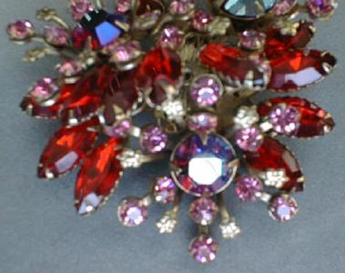 Exquisite Red Floral Spray Rhinestone Brooch Vintage