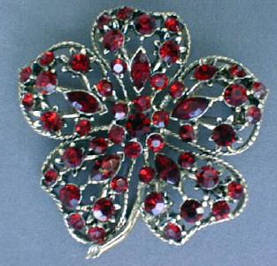 Elegant Large Red Rhinestone Floral Brooch Pin