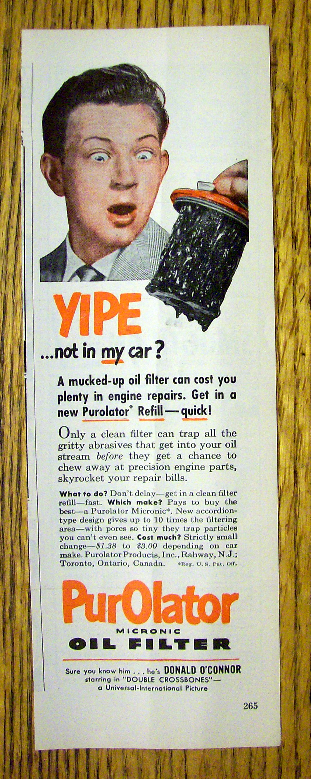 1951 Purolater Oil Filter with Donald O'Connor