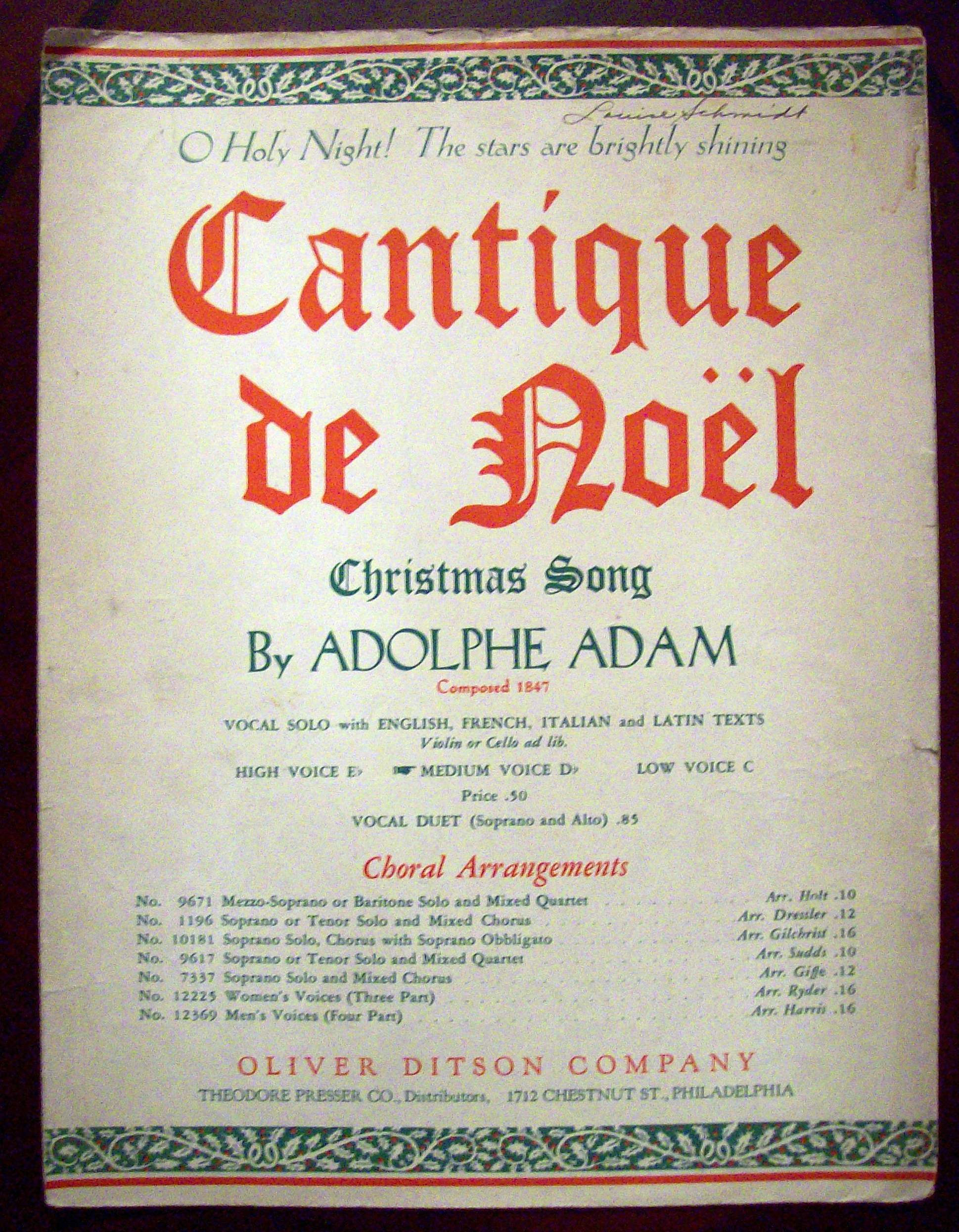 Sheet Music of 1900 Cantique De Noel