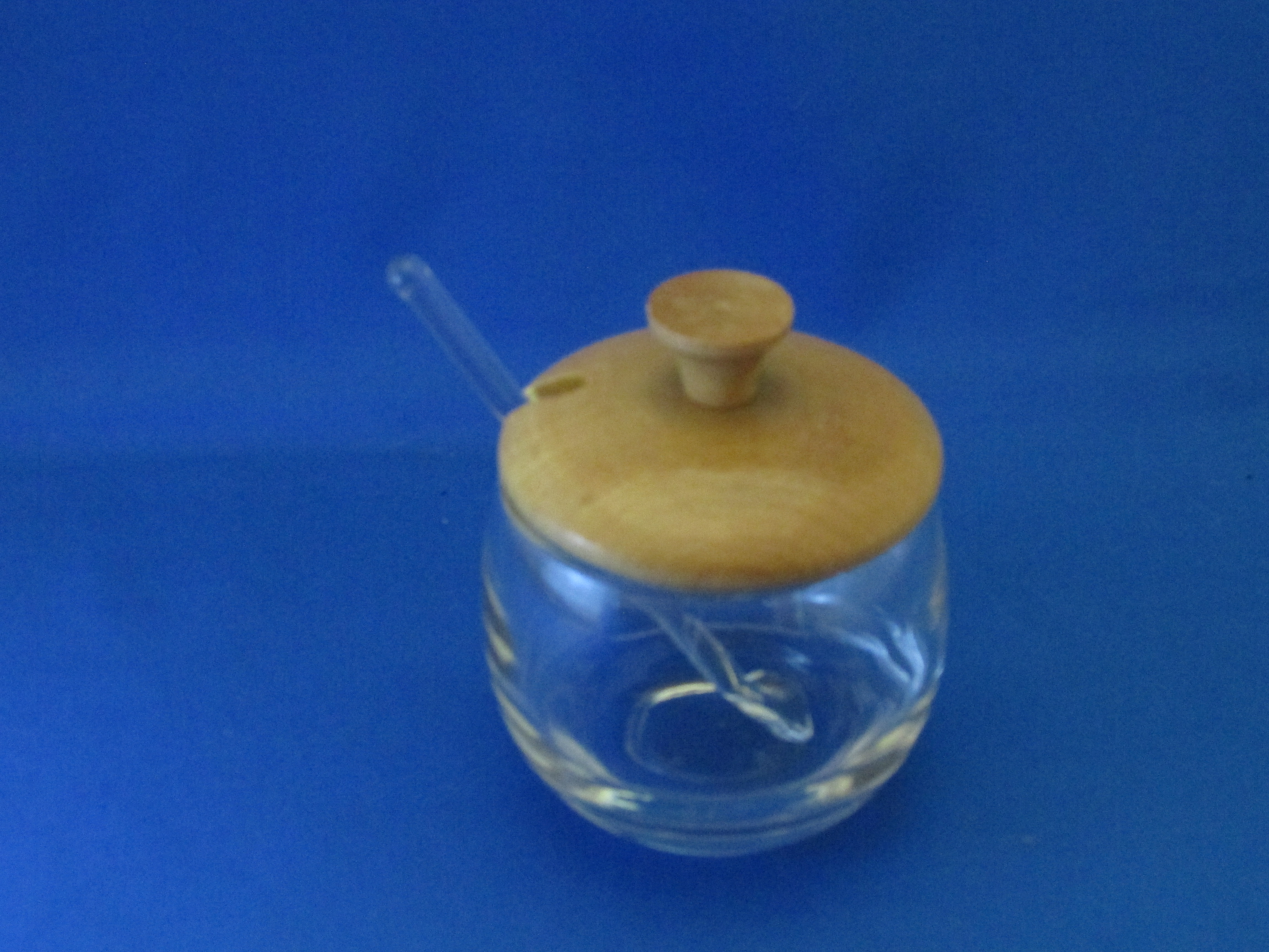 Clear Glass Salt Cellar with Wooden Lid and Glass Spoon