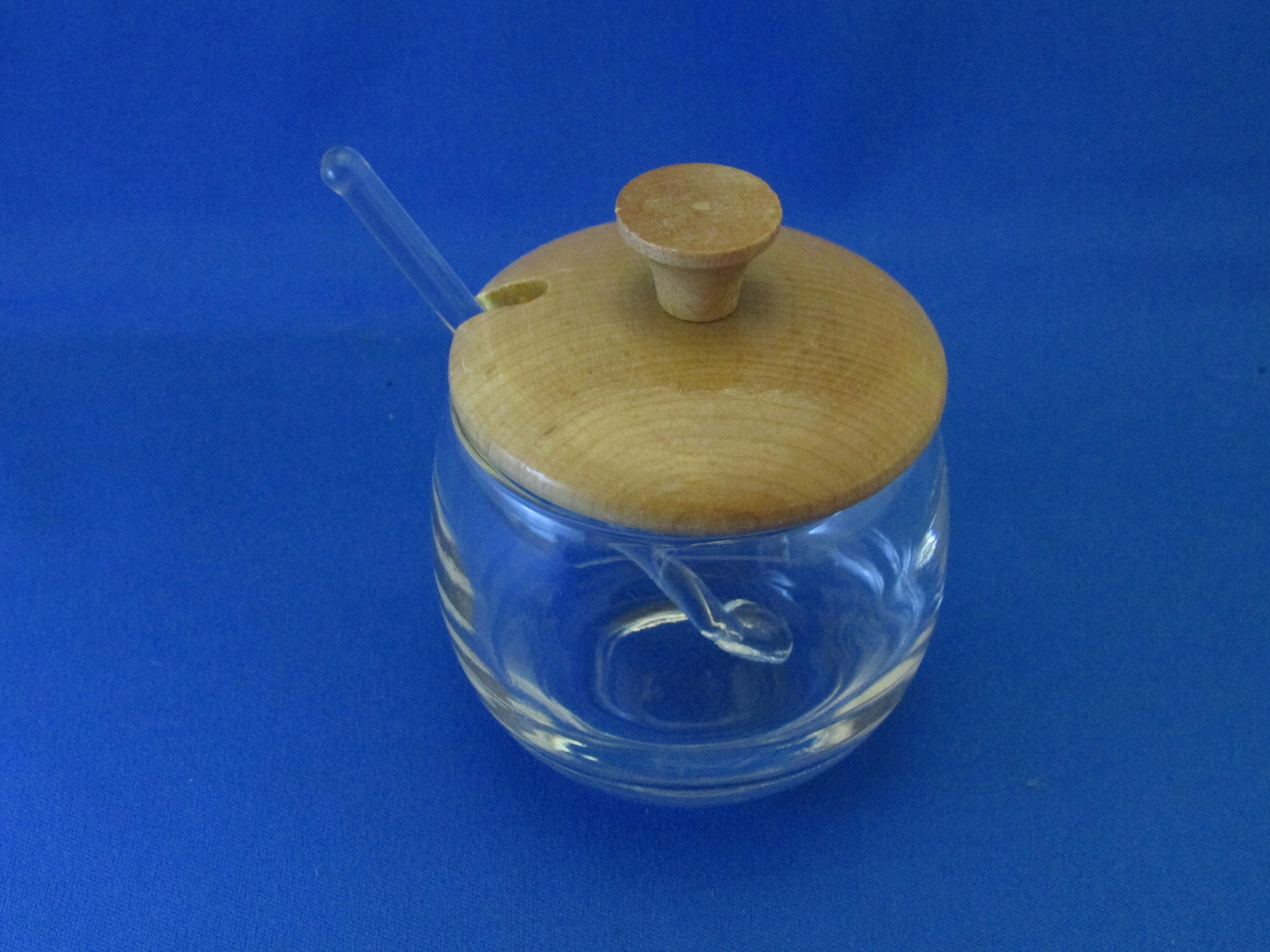 Clear Glass Salt Cellar with Wooden Lid and Glass Spoon