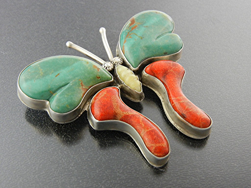 David Troutman Coral Varicite Sterling Silver Buterfly
