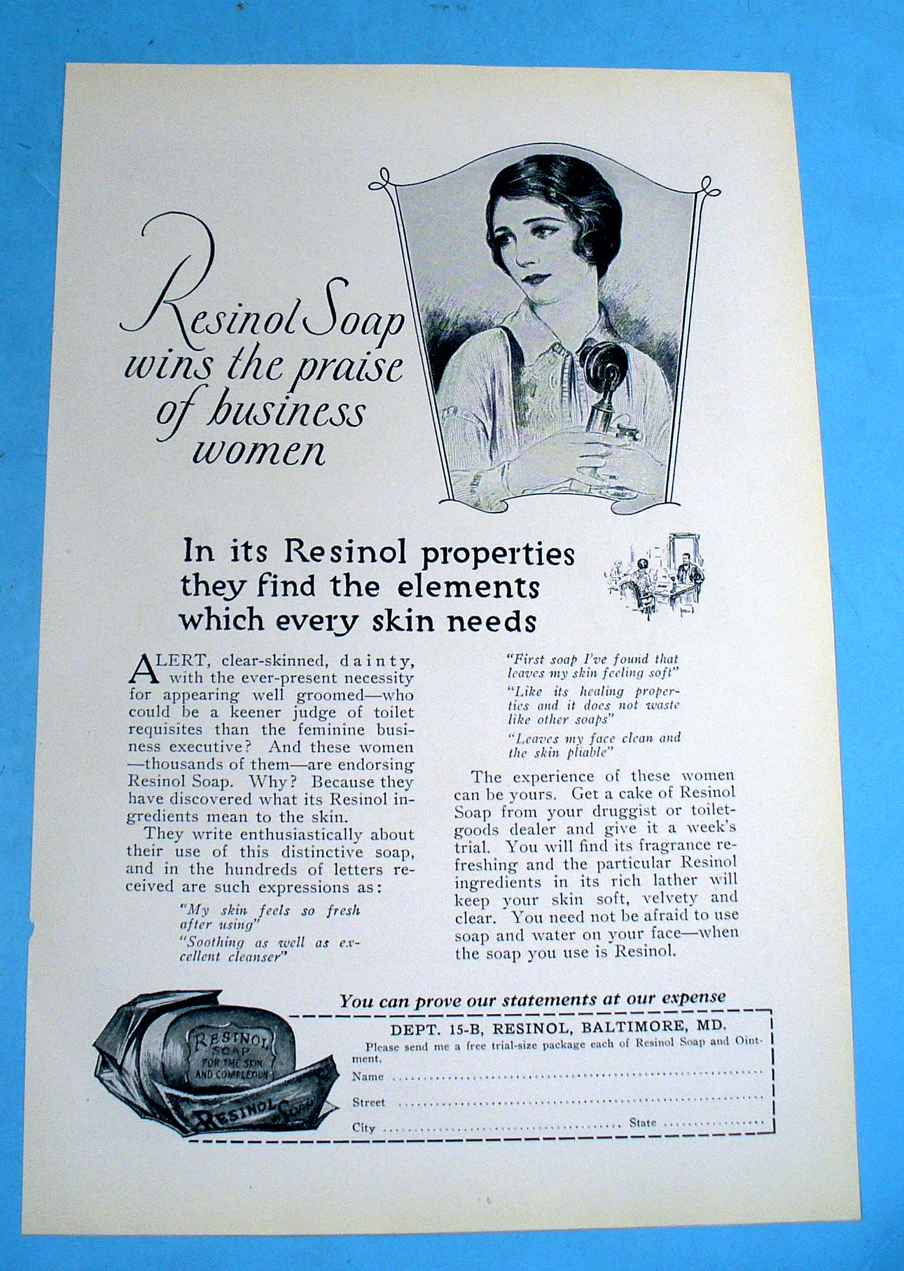 1927 Resinol Soap w/ Lovely Woman Holding Phone