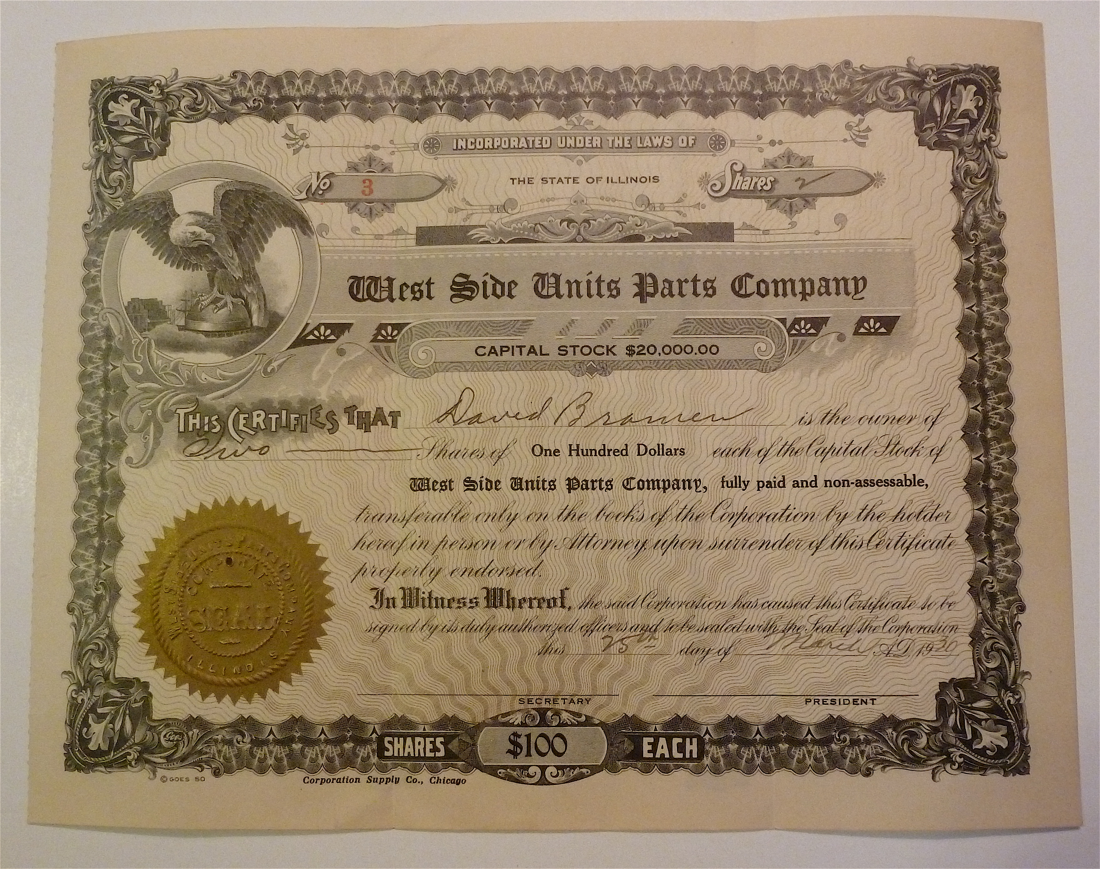 1930 West Side Units Parts Company Stock Certificate
