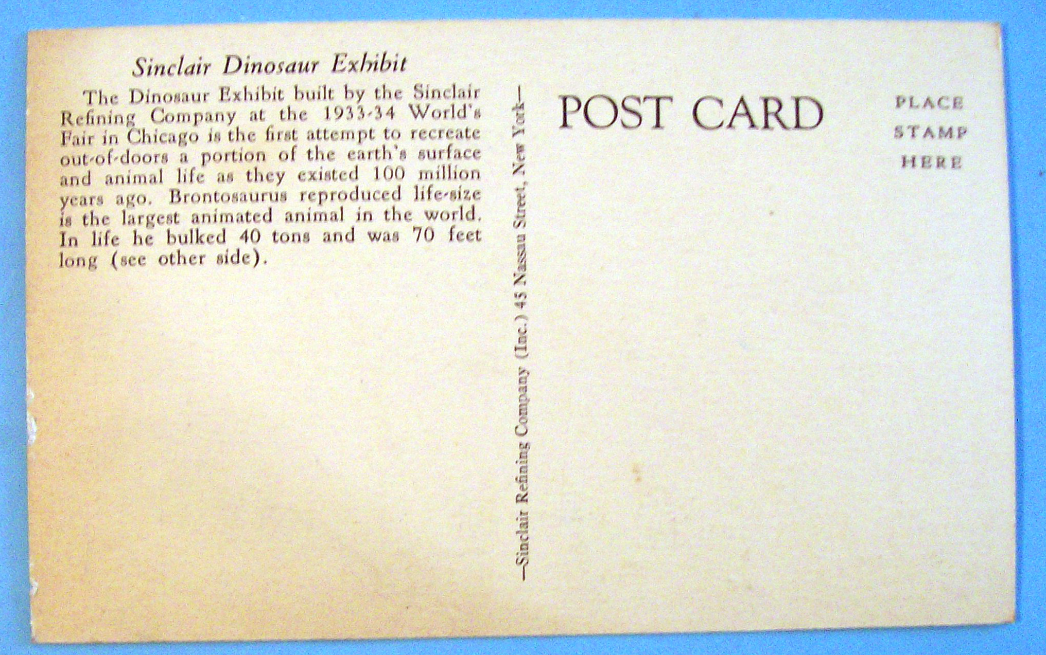 1933 Century of Progress, Sinclair Dinosaur Postcard