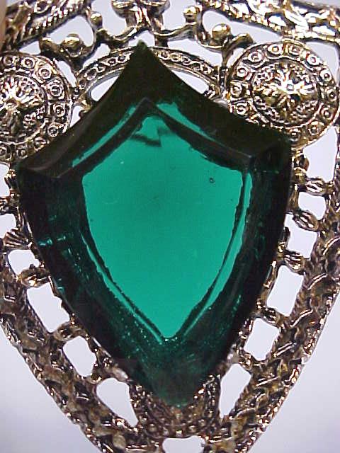 Ornate Brooch Pin Large Green Stone Shield