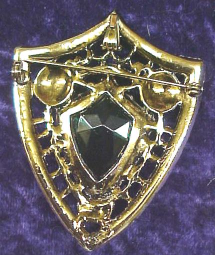 Ornate Brooch Pin Large Green Stone Shield