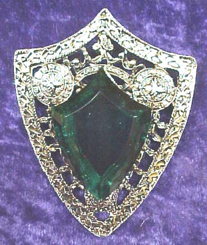 Ornate Brooch Pin Large Green Stone Shield