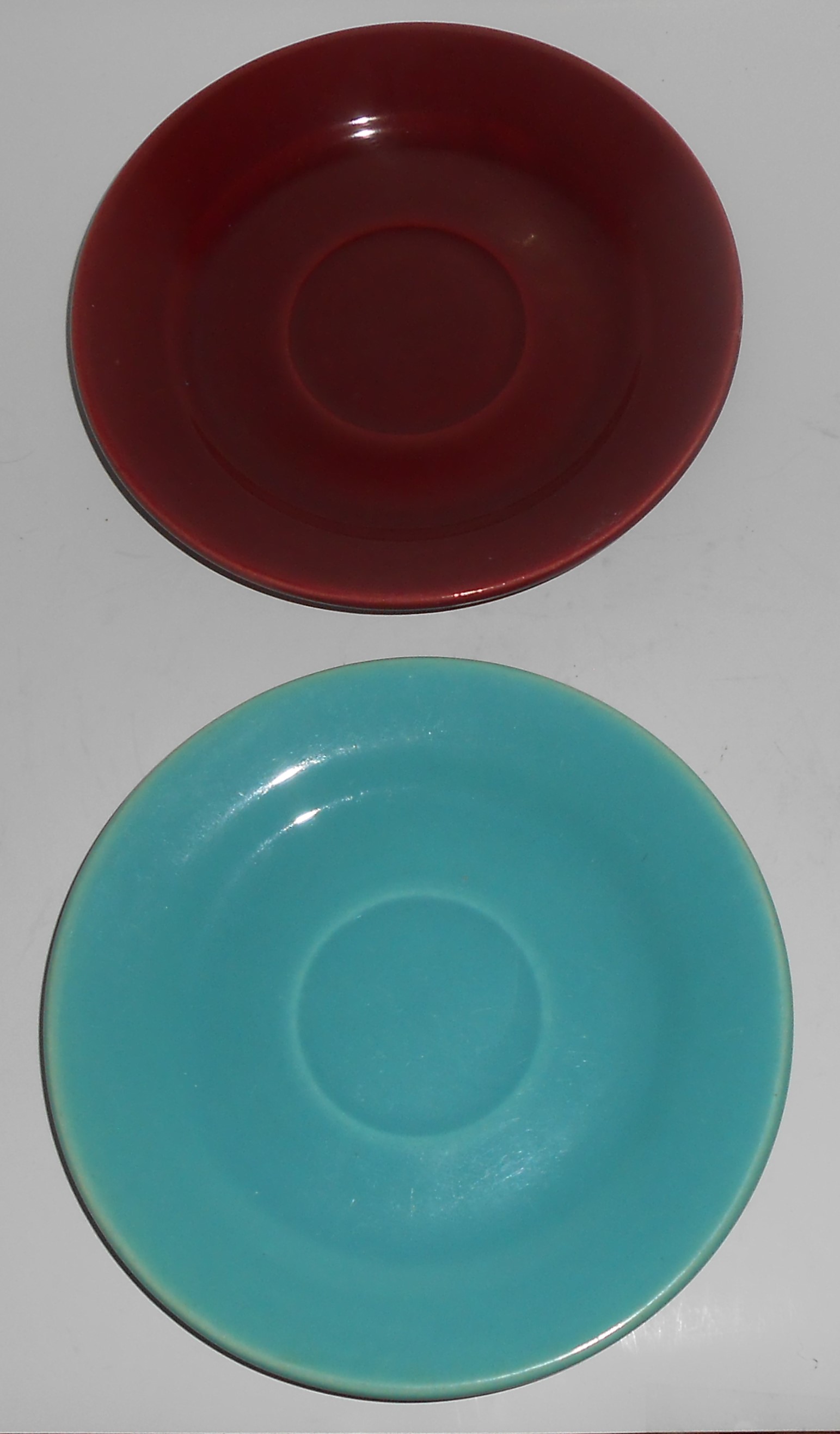 Bauer Pottery La Linda Pair Burgundy/Turquoise Saucers