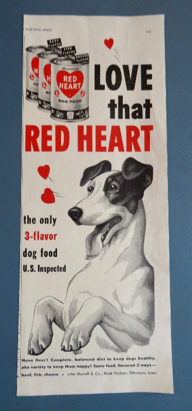 1952 Red Heart Dog Food with Dog with Paws Up & Smiling
