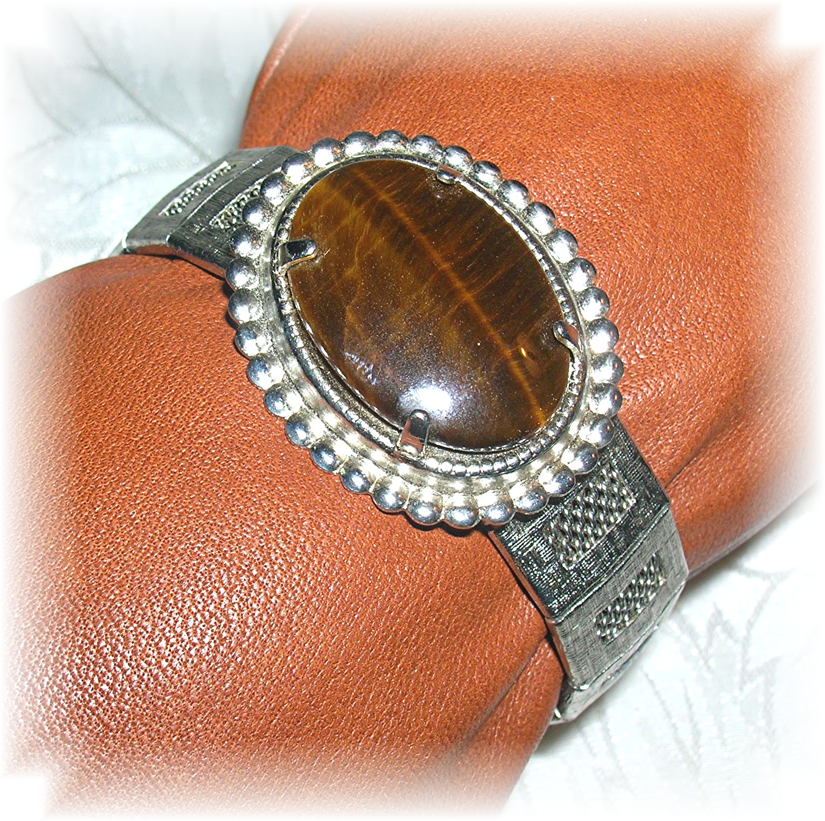 Brushed Silvertone Tiger Eye Bracelet