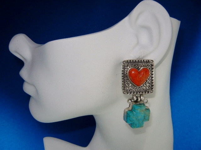 David Troutman Sterling Silver Turquoise Coral Earrings