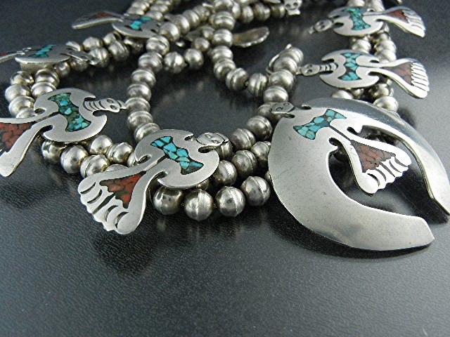 Navajo Sterling Silver Chip Inlay Birds Squash Blossom