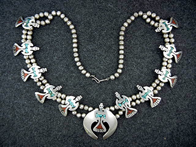 Navajo Sterling Silver Chip Inlay Birds Squash Blossom