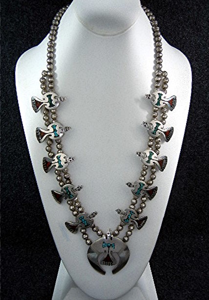 Navajo Sterling Silver Chip Inlay Birds Squash Blossom