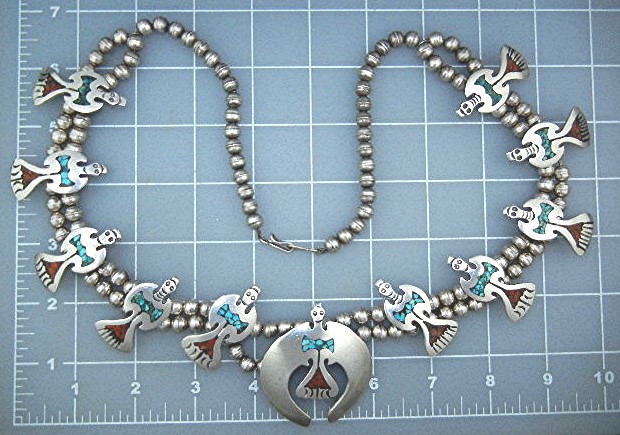 Navajo Sterling Silver Chip Inlay Birds Squash Blossom