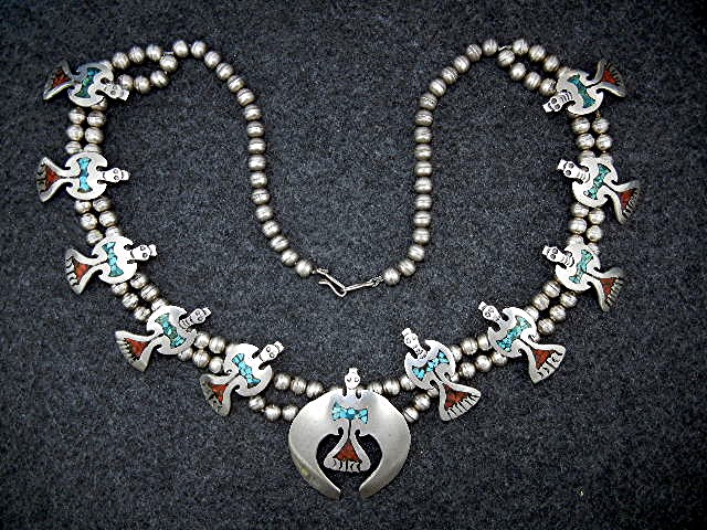 Navajo Sterling Silver Chip Inlay Birds Squash Blossom