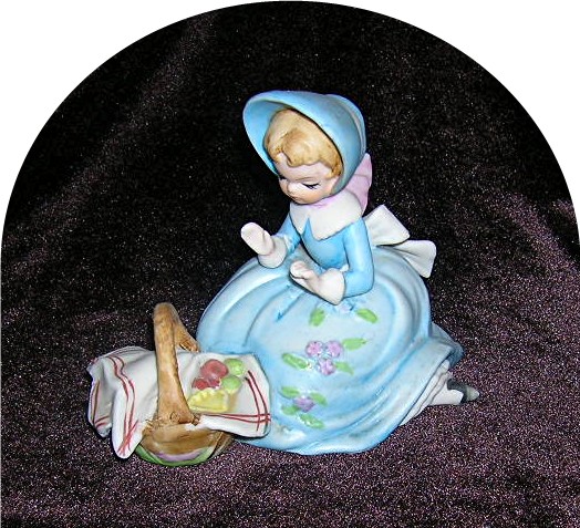 Figurine Girl In Blue Bonnet With Basket