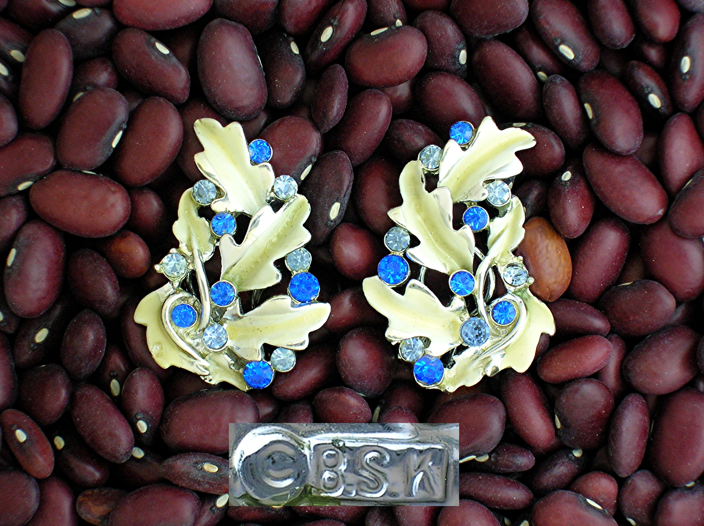 Silvertone BSK Rhinestone Leaf Clip Earrings