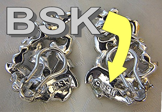 Silvertone BSK Rhinestone Leaf Clip Earrings