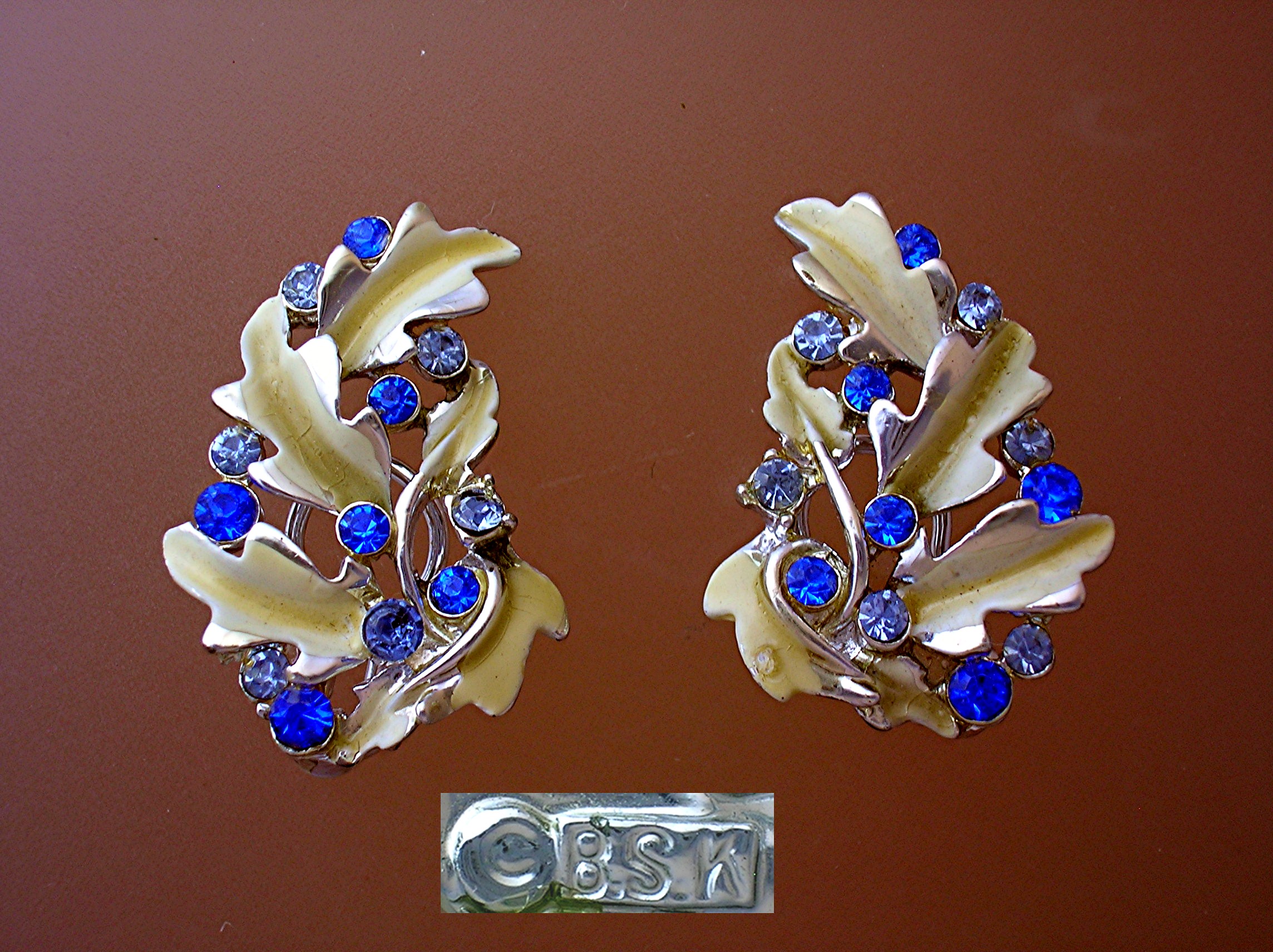 Silvertone BSK Rhinestone Leaf Clip Earrings