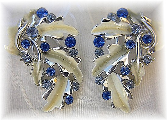 Silvertone BSK Rhinestone Leaf Clip Earrings