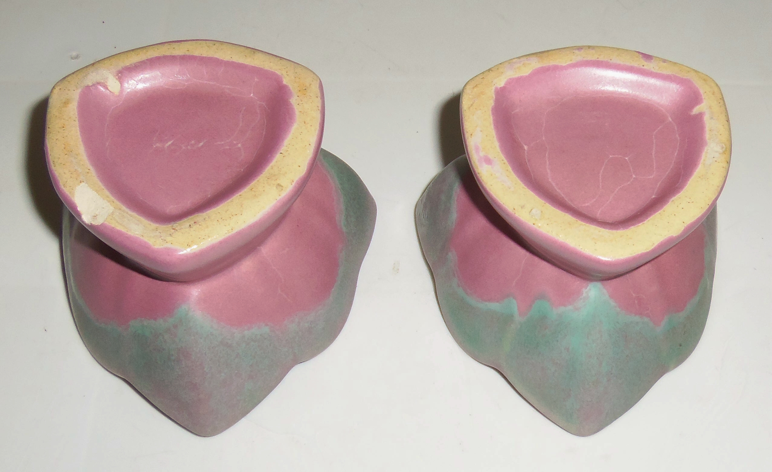 Camark Pottery Early Green Over Rose Drip Candlesticks!