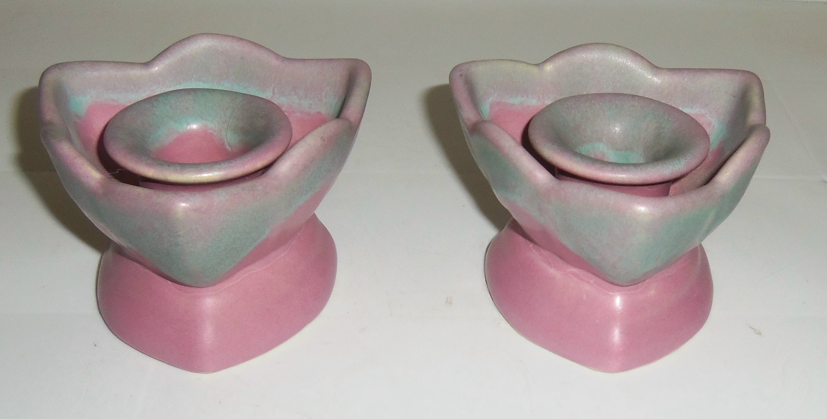 Camark Pottery Early Green Over Rose Drip Candlesticks!
