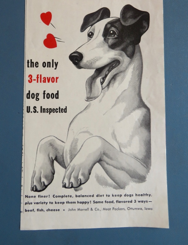1952 Red Heart Dog Food with Dog with Paws Up & Smiling