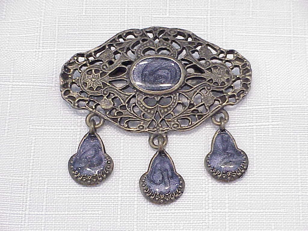 Blue Enamel On Bronze Filigree Brooch With 3 Dangles