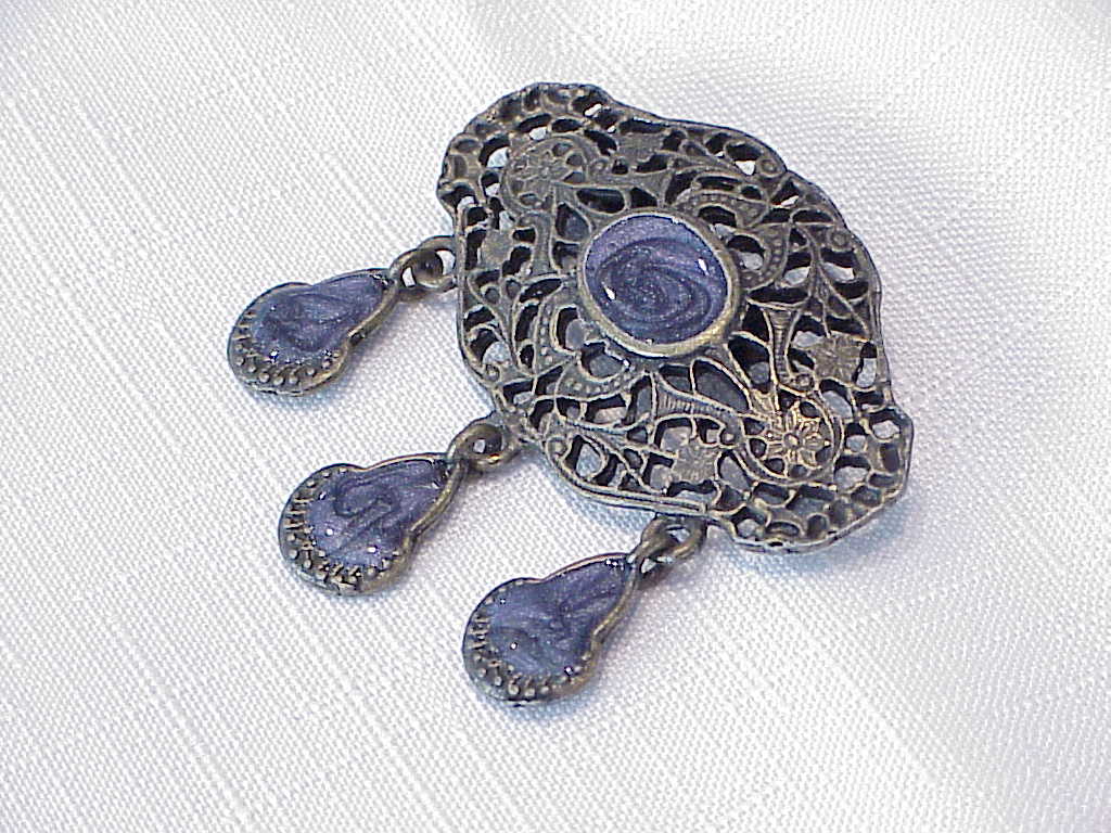 Blue Enamel On Bronze Filigree Brooch With 3 Dangles