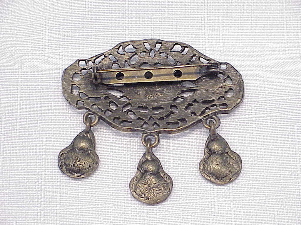 Blue Enamel On Bronze Filigree Brooch With 3 Dangles