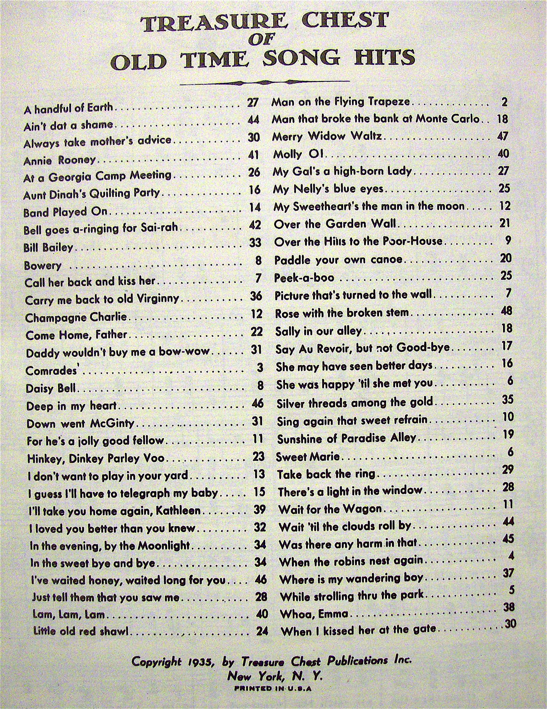 1935 Treasure Chest Of Old Time Song Hits Booklet