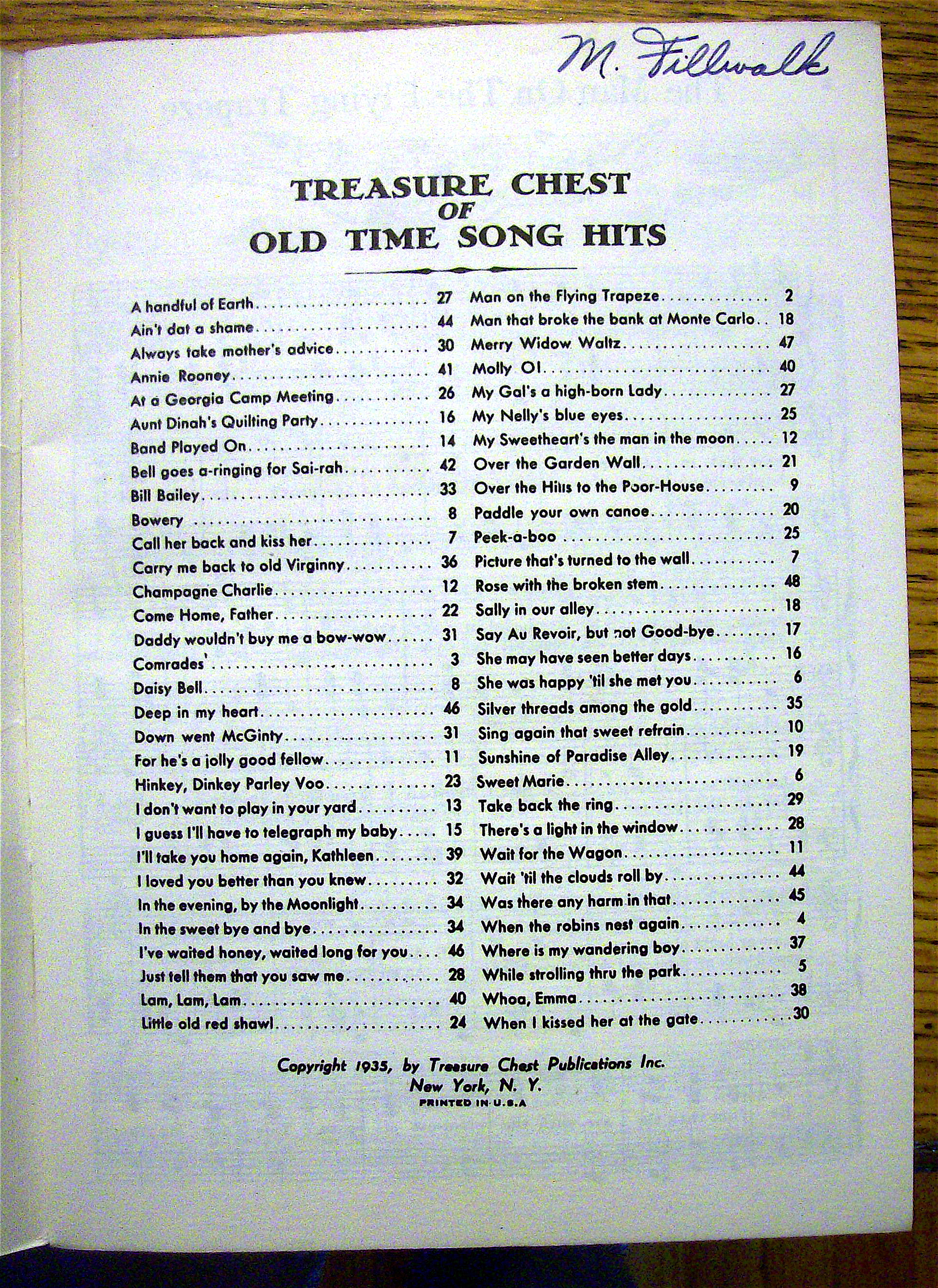 1935 Treasure Chest Of Old Time Song Hits Booklet