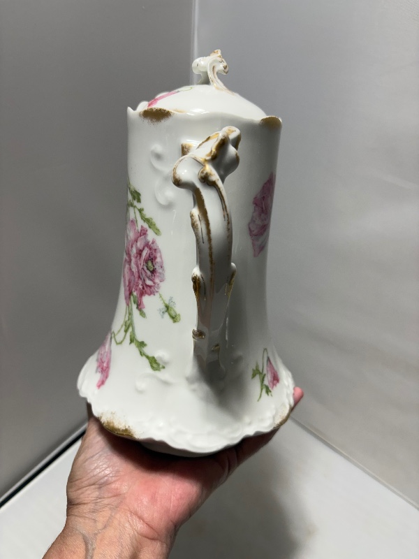 Hot Chocolate Pot Limoges France Pink Poppy Flower Detail with Gold Trim