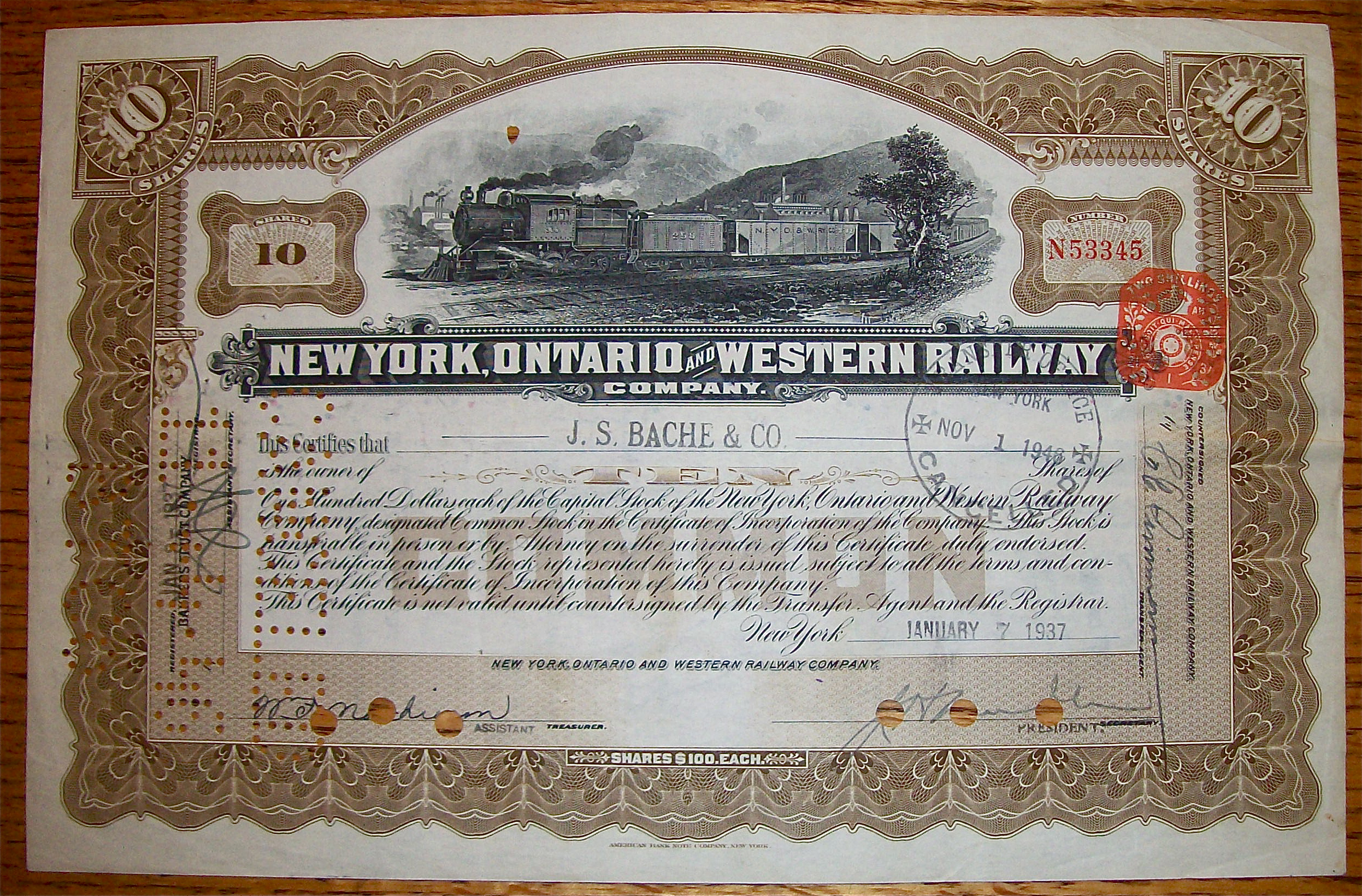 1937 New York, Ontario & Western Railway 10 Shares