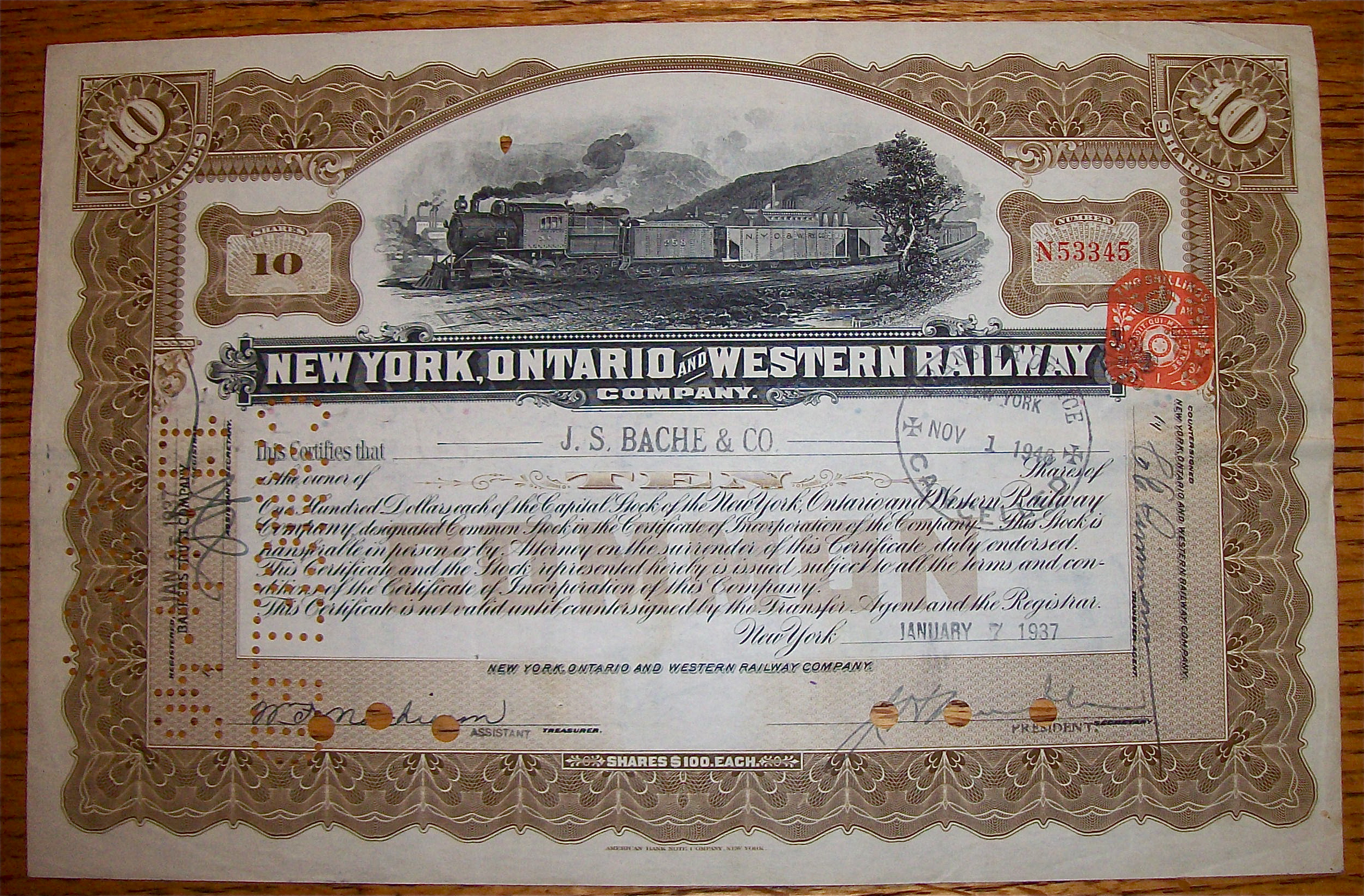 1937 New York, Ontario & Western Railway 10 Shares
