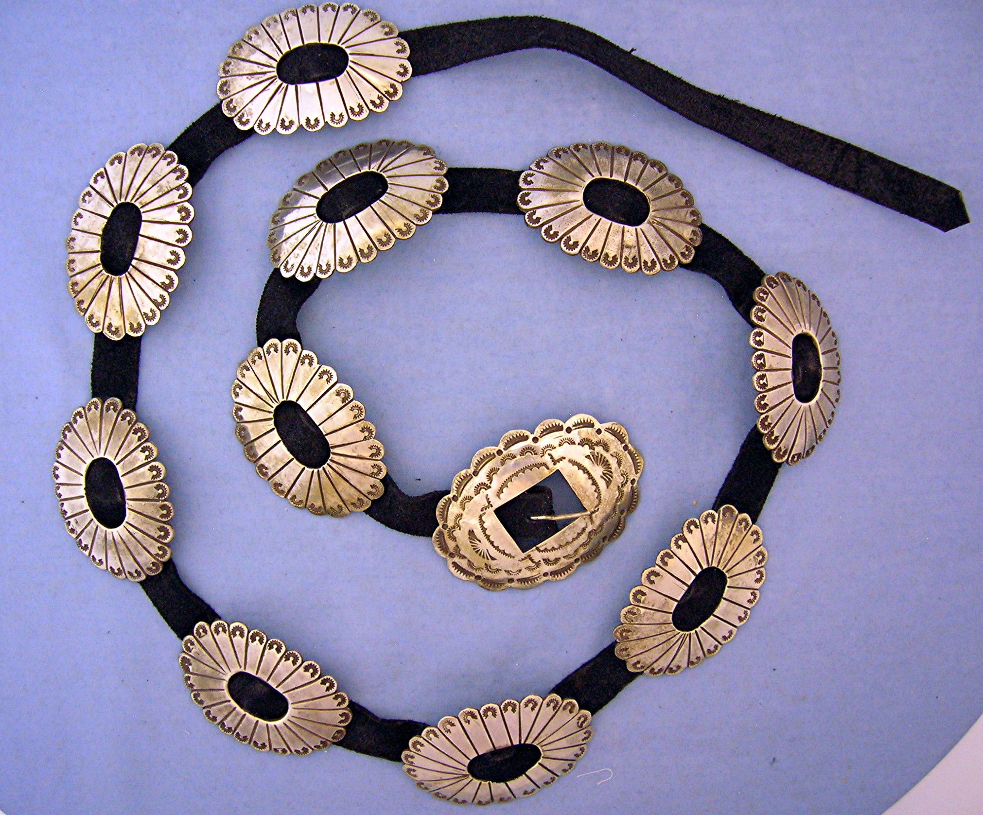 Sterling Silver 11 Concho Belt On Black Leather