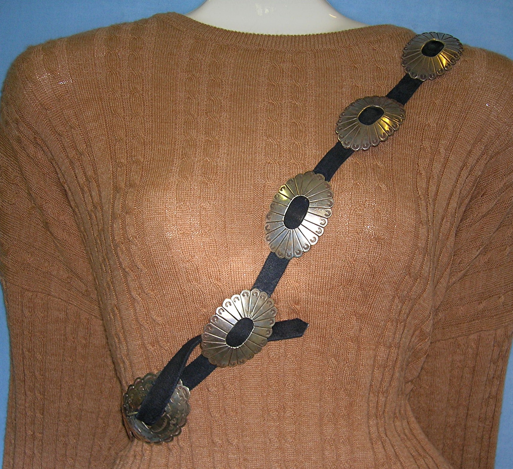 Sterling Silver 11 Concho Belt On Black Leather