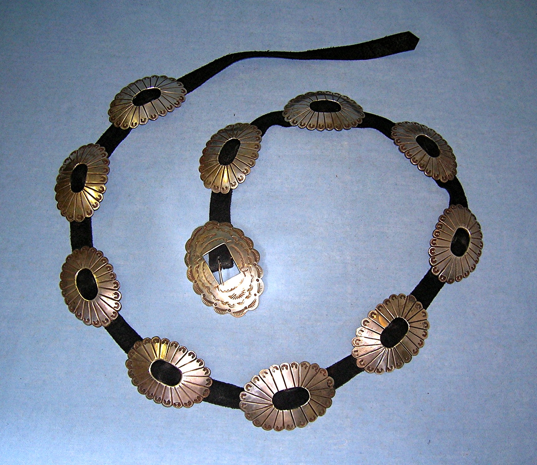 Sterling Silver 11 Concho Belt On Black Leather