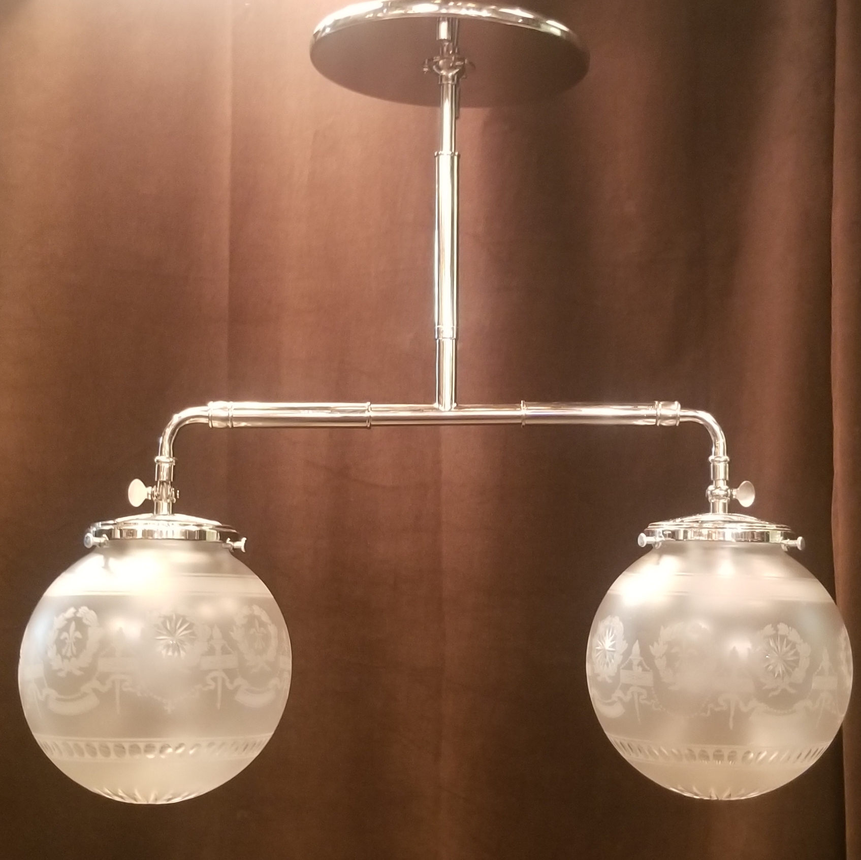 FINELY ENGRAVED GLOBES on 2 LIGHT PENDANT