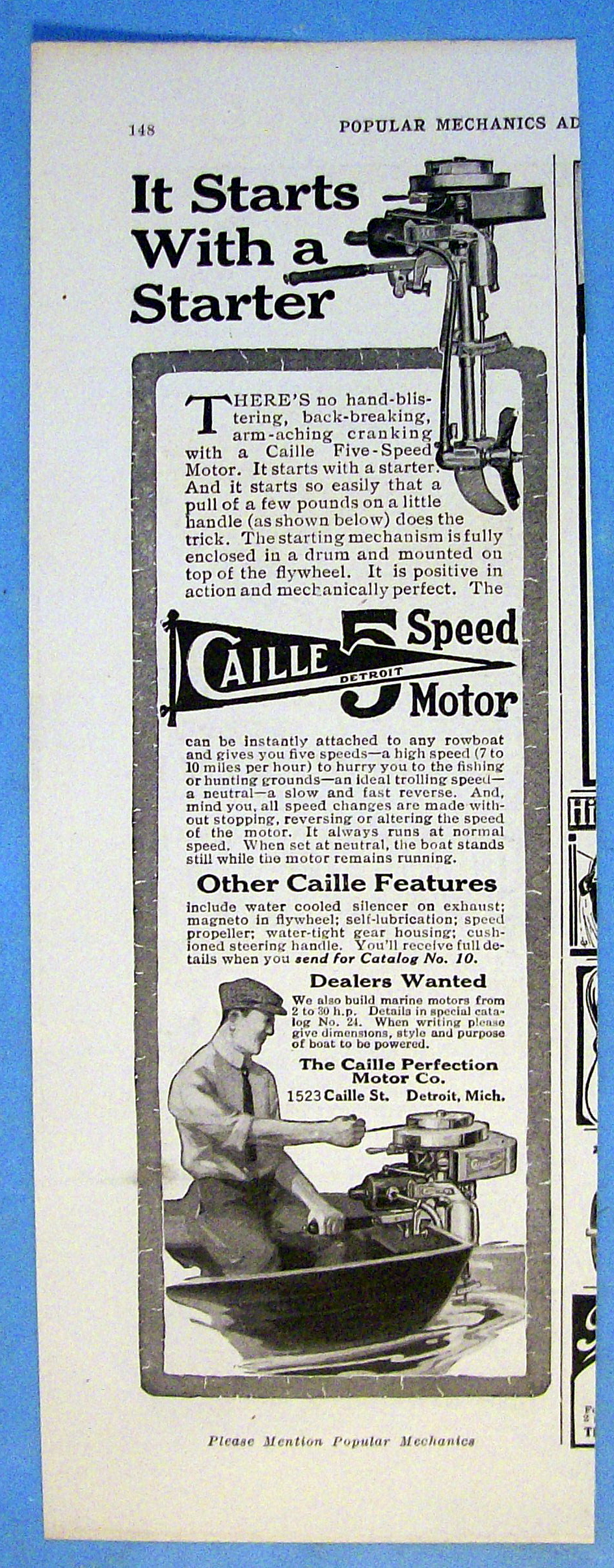 1916 Caille 5 Speed Motor with Man Starting Boat Motor