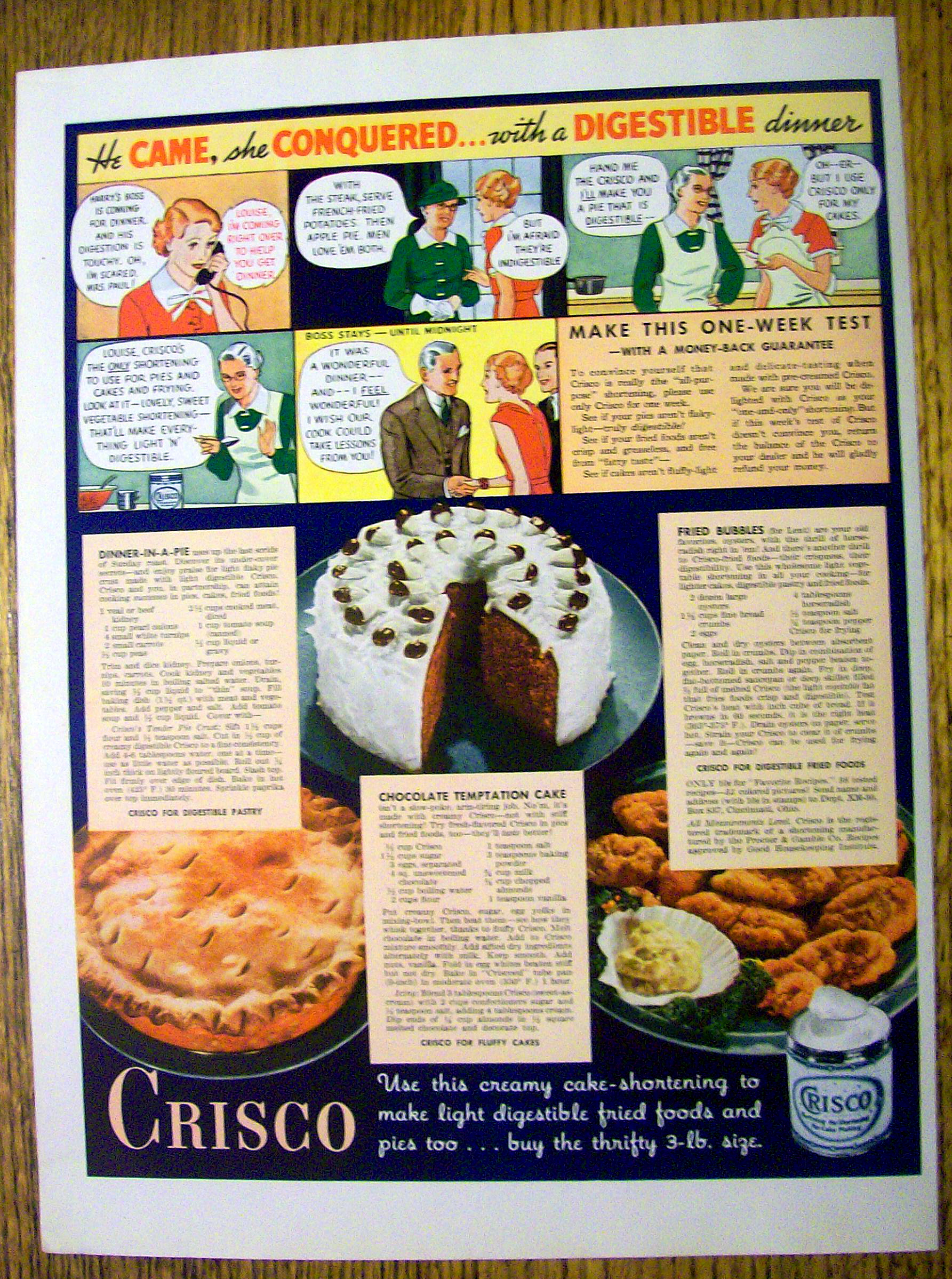 1936 Crisco Shortening with Cake, Pie & Fried Bubbles